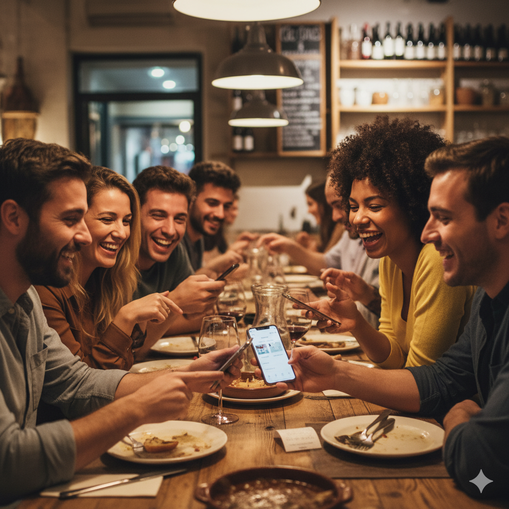 Friends using bill splitter calculator to divide expenses fairly
