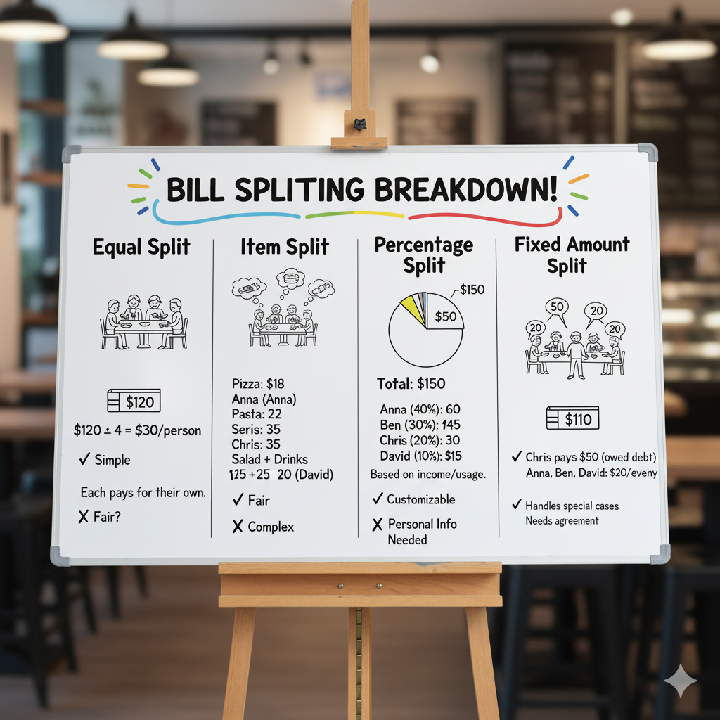 Comparison of equal, proportional, and itemized bill splitting methods