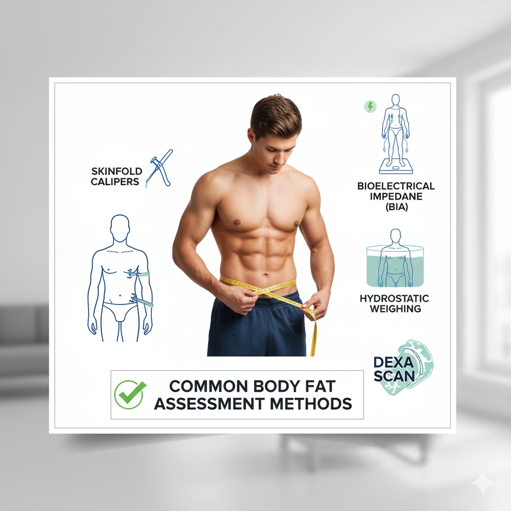 Person measuring waist with tape measure showing body fat assessment methods