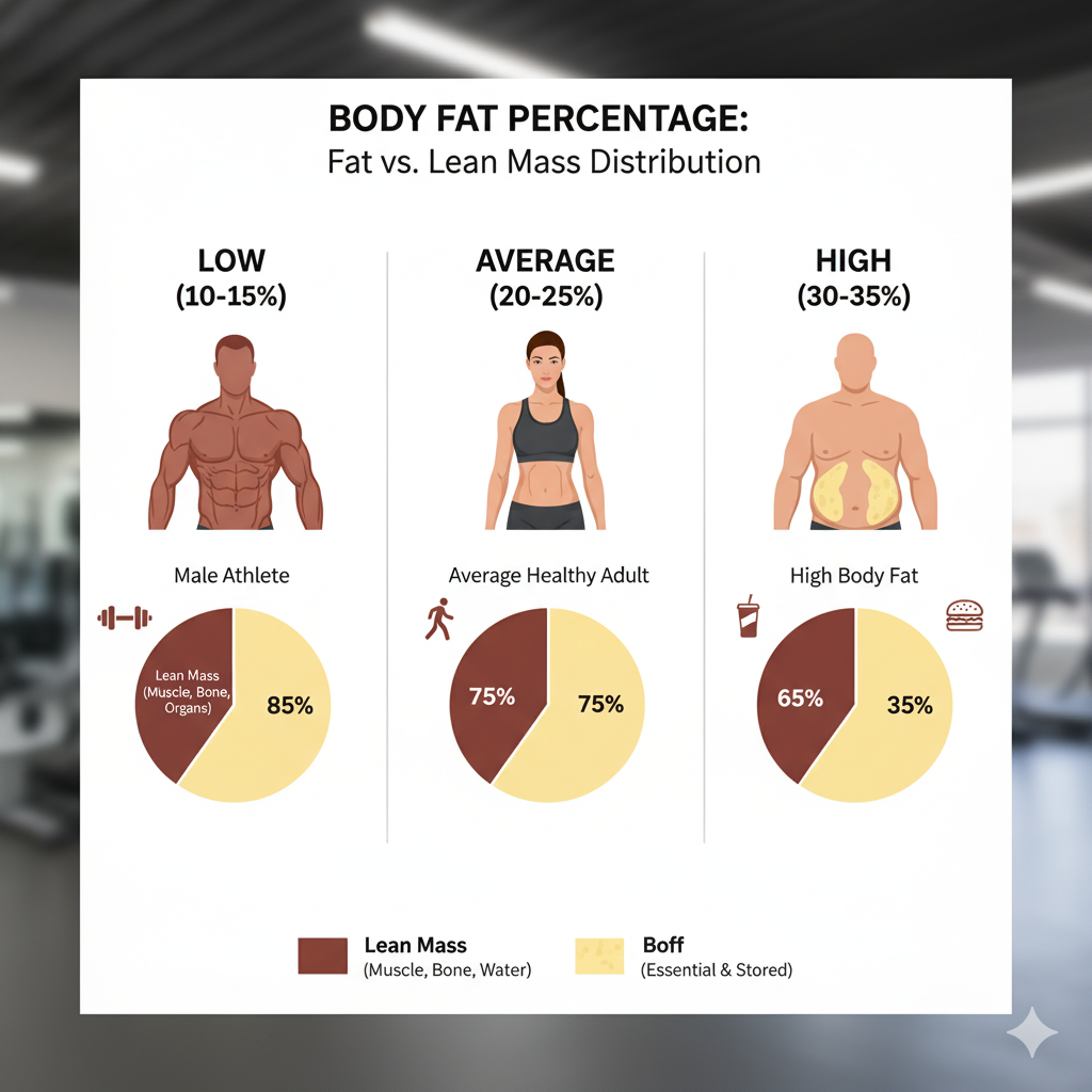 Visual explanation of body fat percentage showing fat vs lean mass distribution