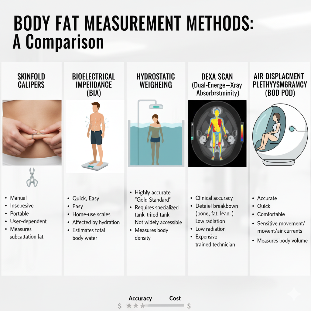 Comparison of different body fat measurement methods from calipers to DEXA scans
