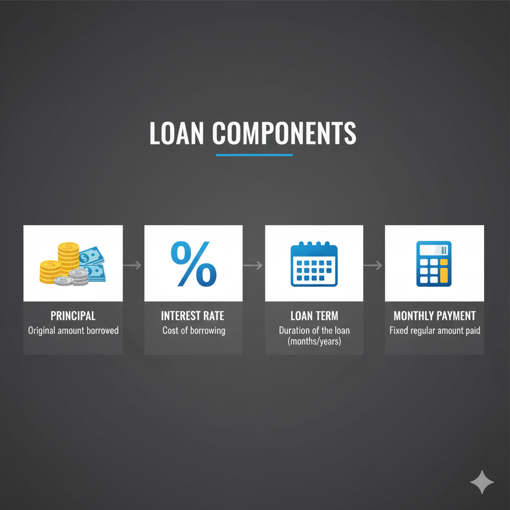 Infographic showing loan components with icons - principal (money stack), interest rate (percentage symbol), loan term (calendar), and monthly payment (calculator), clean modern design